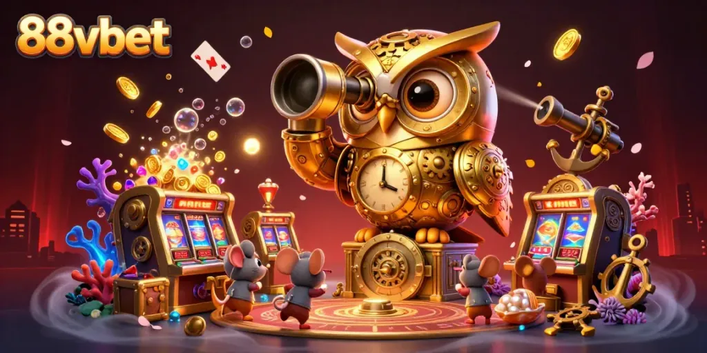 Experience thrilling gameplay at 88vbet, where the scene is filled with colorful gems, slot machines, and animated characters.