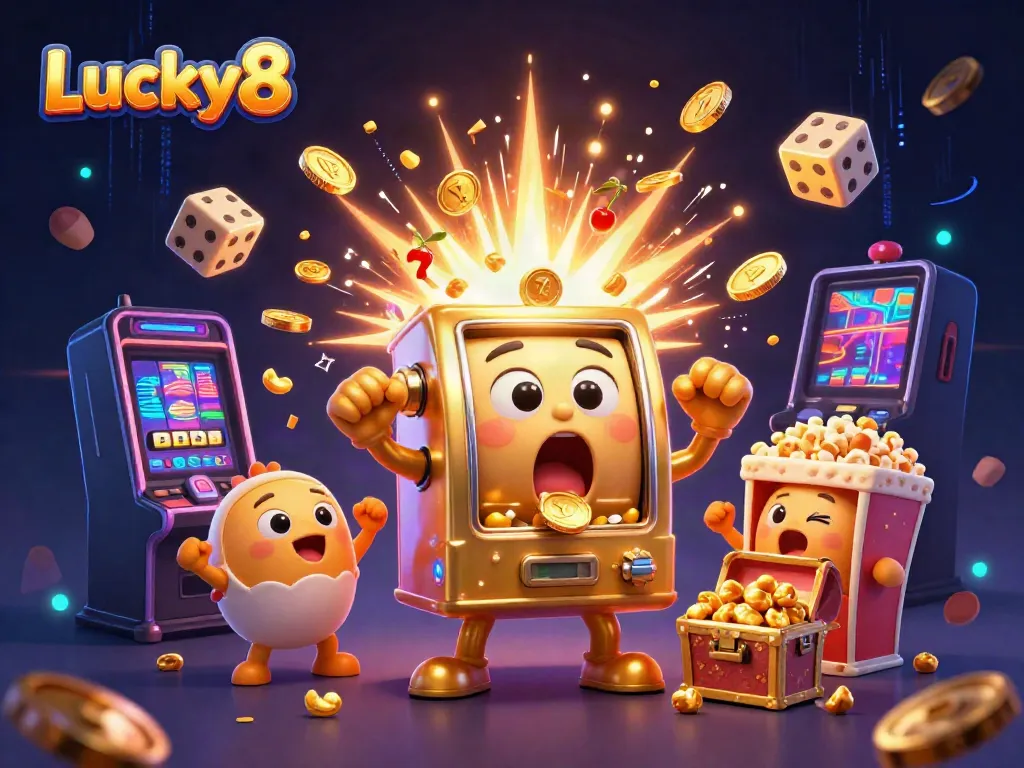 Exciting Lucky8 slot machine scene showing jackpot wins with coins, cheers, and vibrant colors.