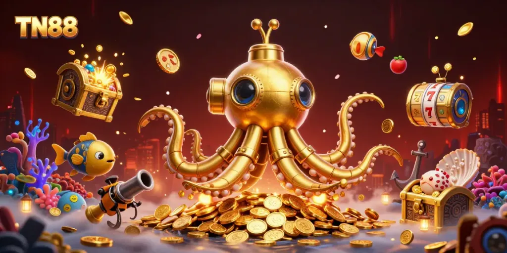 Engage in thrilling casino adventures with TN88, featuring a kraken submarine amidst golden coins and slot reels.