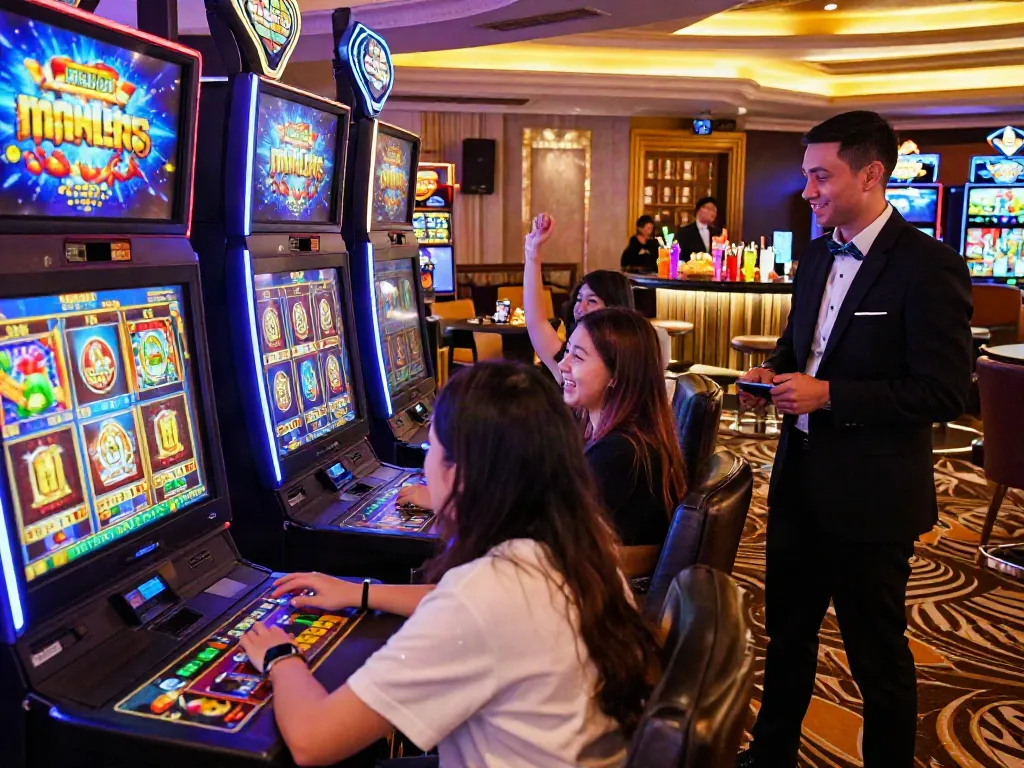 Players enjoying thrilling games at Lumbung88 online casino with vibrant lighting and joyous atmosphere.