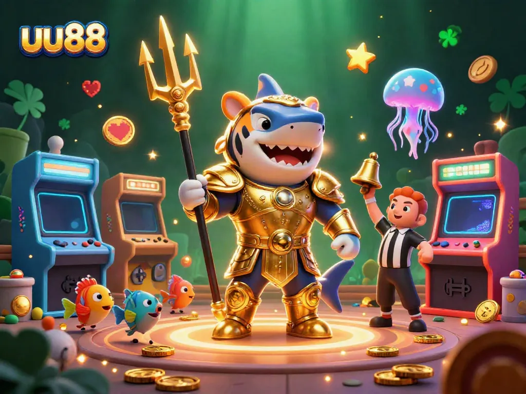 Experience thrilling underwater battles with uu88's casino-themed illustration featuring a gladiatorial shark.