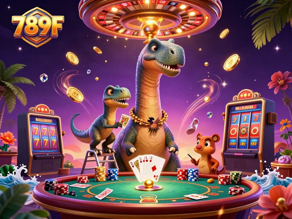 Experience the vibrant and exciting world of 789F with a brontosaurus in a casino setting, showcasing dynamic gaming elements.