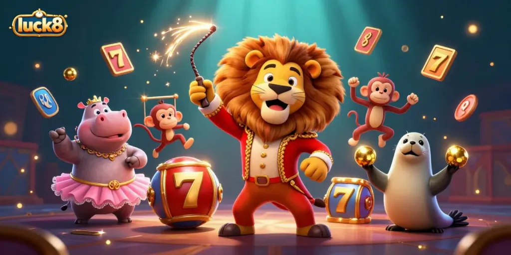 Bet on fun with luck8: a vibrant scene of circus characters enjoying slot games.