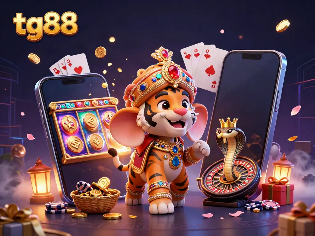 Experience exhilarating gameplay at tg88 with a vibrant scene featuring a cartoon maharaja tiger and an elephant surrounded by casino elements.