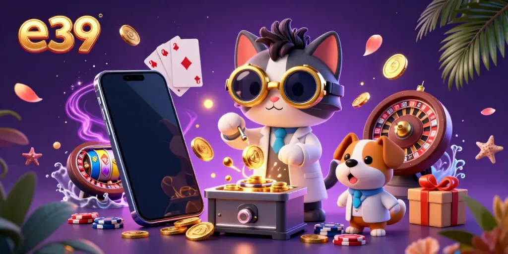 Experience the thrill at e39 with our lively casino illustration, showcasing playful characters and exciting games.
