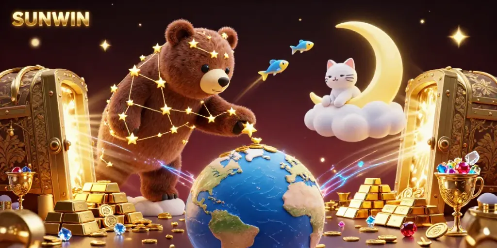 Scoop up coins with SUNWIN in a vibrant 3D illustration featuring a constellation bear, treasure vaults, and gems.