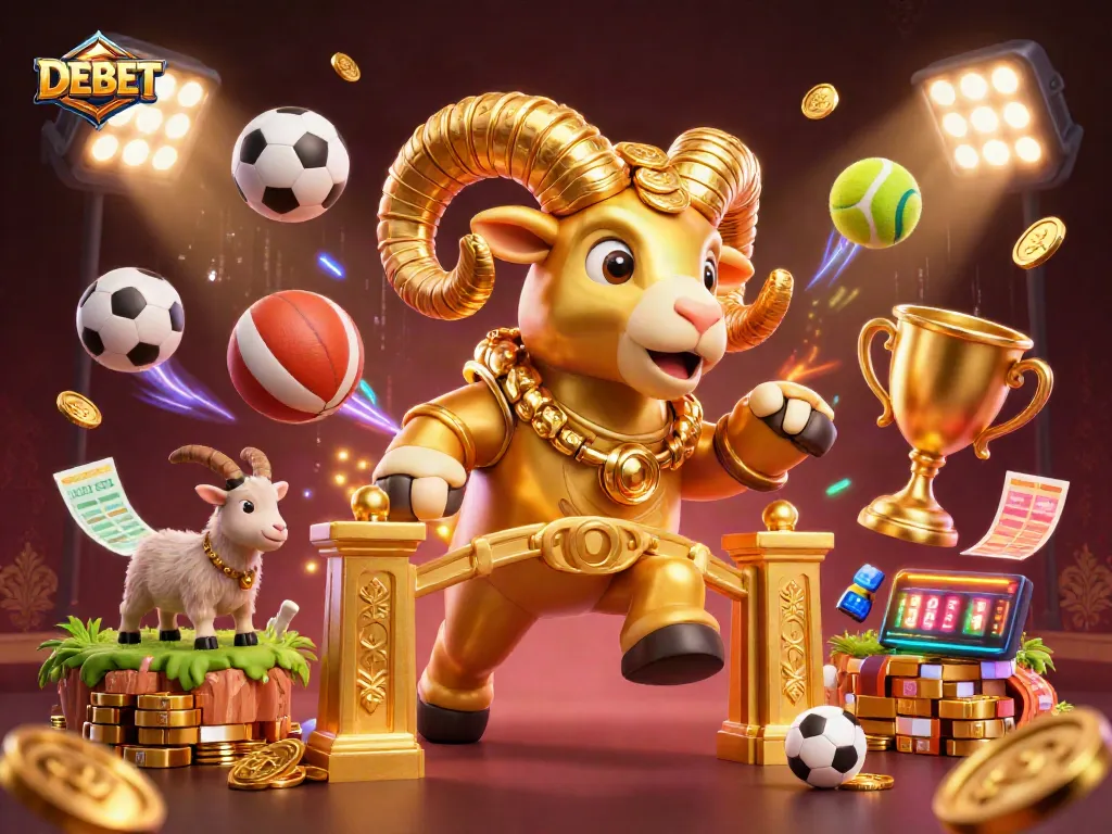Bet on DEBET with a dynamic scene featuring a golden ram charging through a casino atmosphere full of sports action.