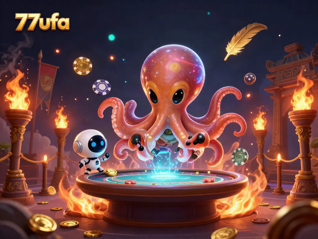 Experience thrilling poker action with 77ufa's alien octopus dealer at a holographic table.