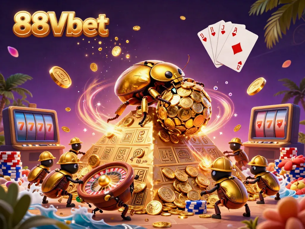 Engage with the thrilling gameplay of 88Vbet through a vibrant casino-themed 3D illustration showcasing excitement and action.