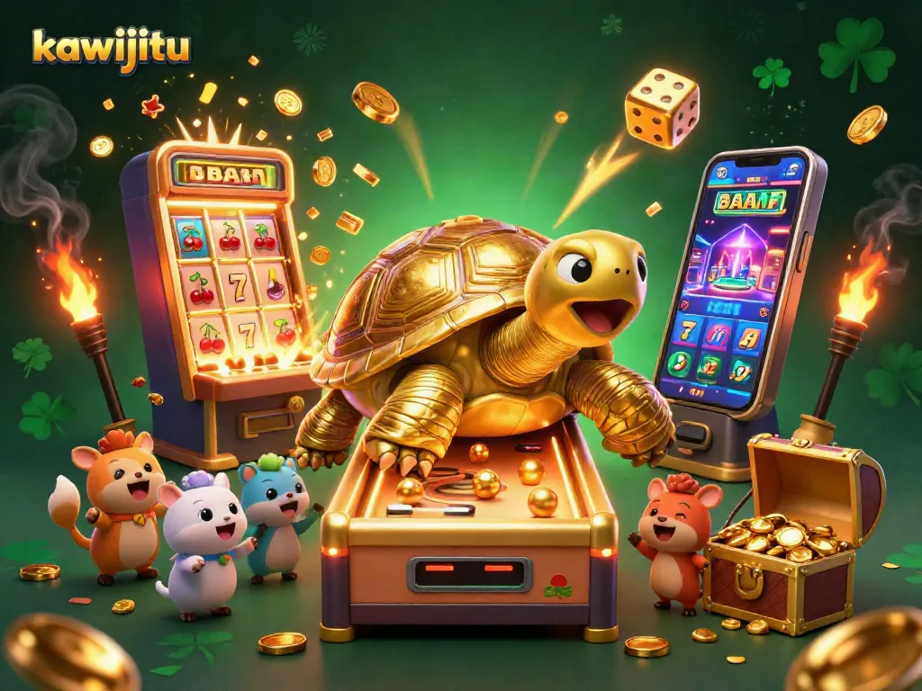 Kawijitu mengumpulkan koin jackpot pada mesin slot raksasa dalam ilustrasi kasino yang meriah dan mengasyikkan.
