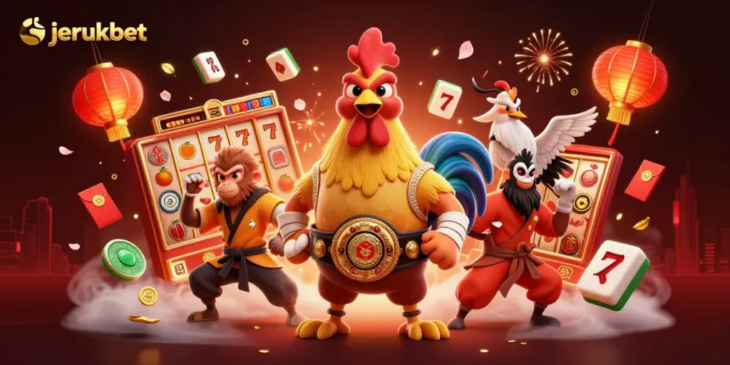 Gambaran jerukbet dengan berbagai simbol slot dan karakter petarung 3D yang beraksi.