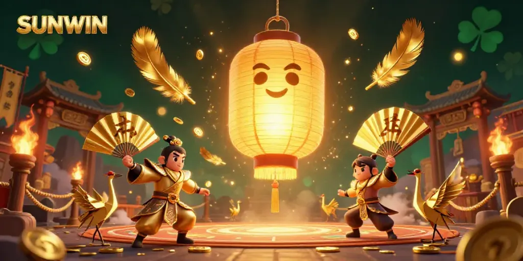 SUNWIN enchanting scene of a lantern spirit and companions in an animated casino atmosphere