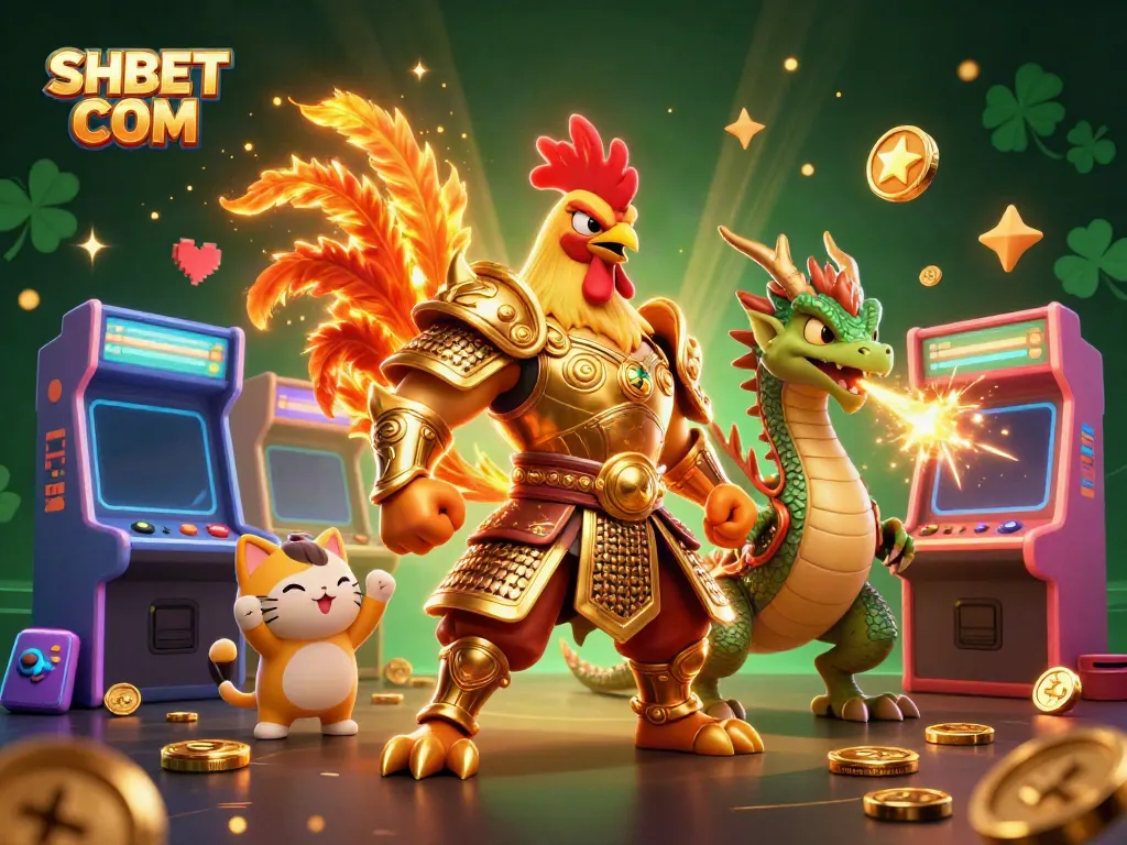 Engage with SHBET COM in a vibrant casino scene featuring a fierce rooster warrior and dragon hatchling.