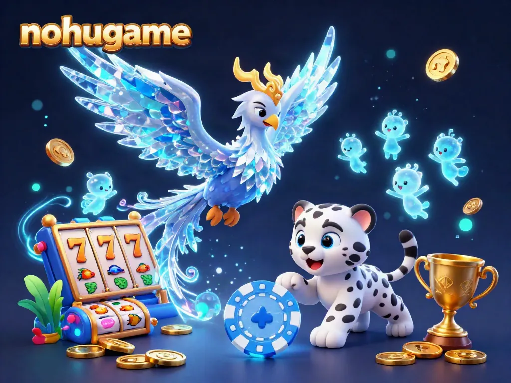 Experience the vibrant gaming world of nohugame with a lively scene featuring an ice phoenix and joyful sprites.