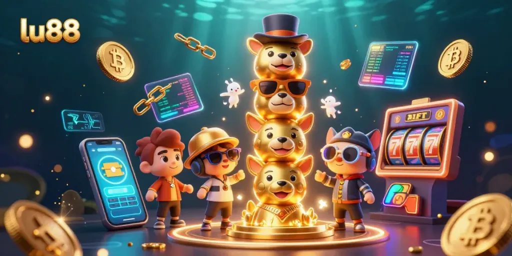 lu88 showcases vibrant casino dynamics with a golden totem pole, slot reels, and shining crypto coins.