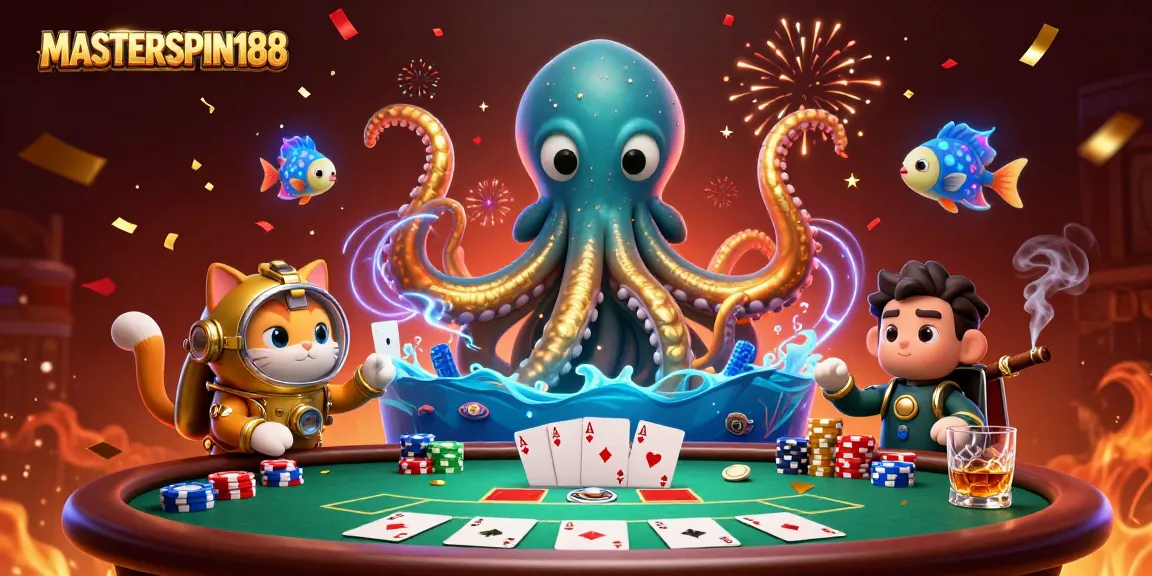 Mastering poker hands with MASTERSPIN188 featuring a kraken, diving cat, and deep-sea fish in a vibrant casino scene.