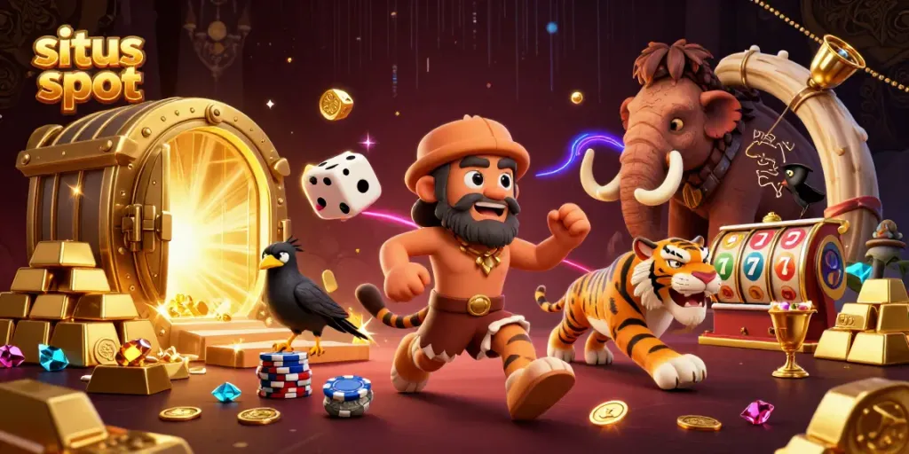 Gamer merasakan keseruan bermain situs slot dengan dadu tulang dan chip poker di kasino prasejarah