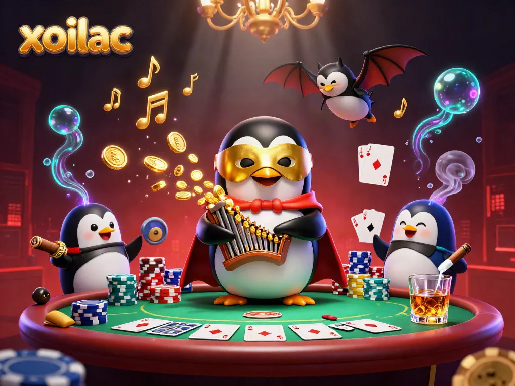 Xoilac enhances the gaming experience with a lively casino scene featuring a penguin playing organ, coins flying.