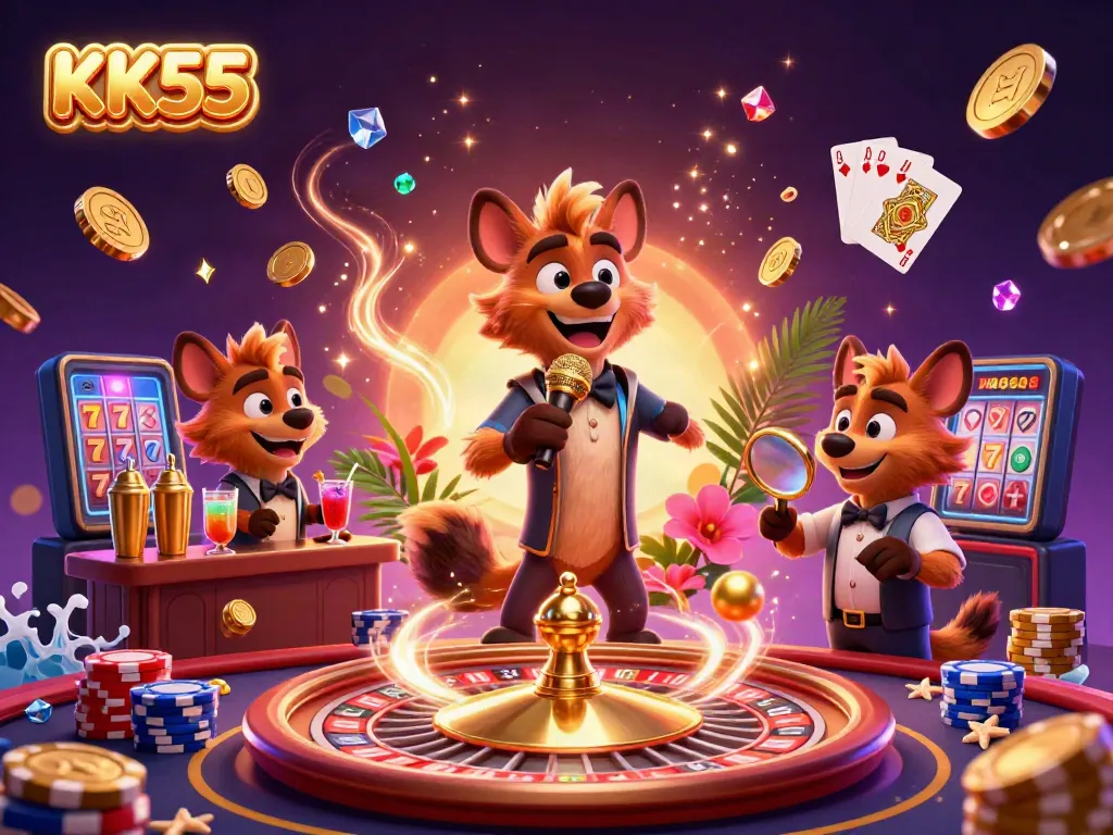 A dynamic casino scene with KK55 hyena characters engaging in comedy, bartending, and bouncer roles.