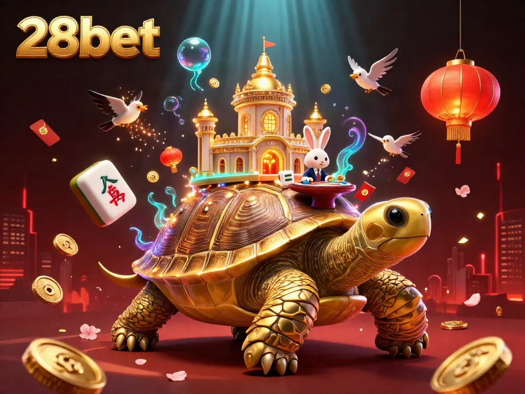Engage with 28bet through a vibrant 3D illustration of a golden tortoise casino with dynamic game elements.