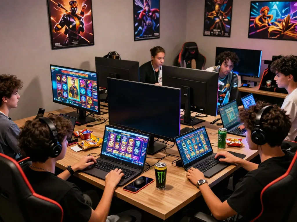 Friends enjoying slot gacor games in a vibrant gaming lounge