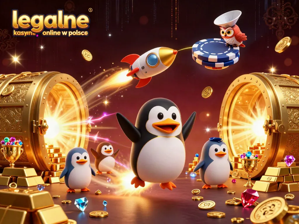 Blast off to the thrilling experience at legalne kasyno online w polsce, featuring a golden penguin and captivating casino elements.