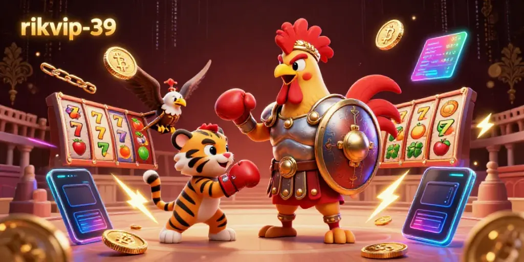 Engage with rikvip-39 through an exhilarating 3D illustration featuring casino elements like slots and coins.