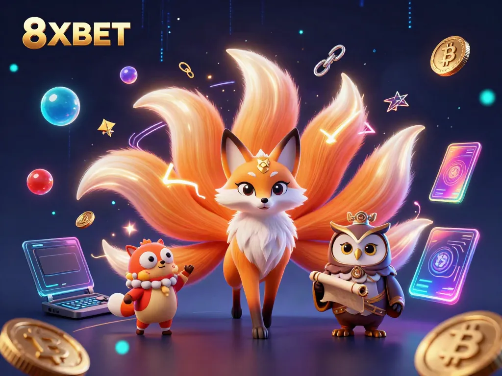 Engage with dynamic 8XBET gaming elements featuring a nine-tailed fox and mystical owl in a vibrant scene.
