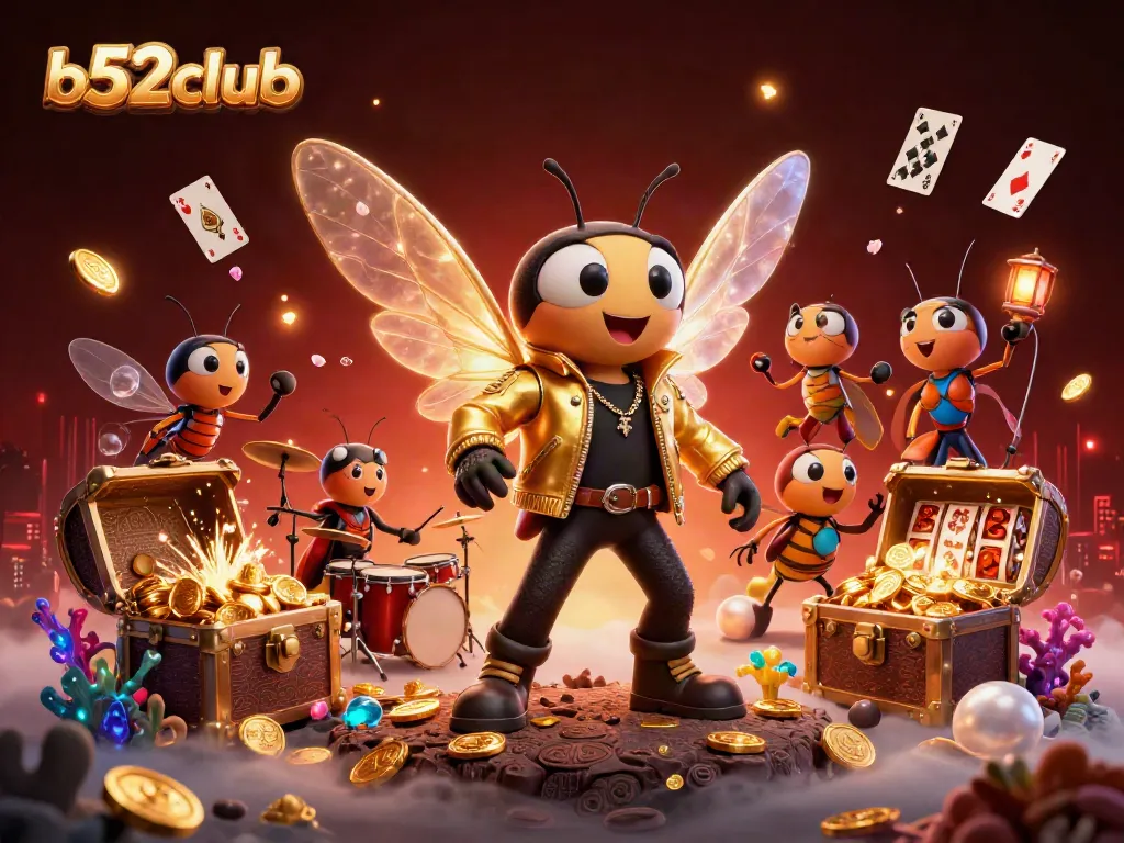 Experience the excitement of b52club with a vibrant 3D scene featuring casino elements and playful characters.