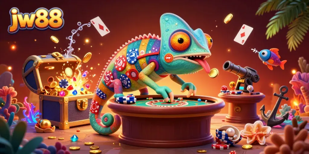 jw88 casino owner chameleon snatching golden coins in a vibrant 3D illustration