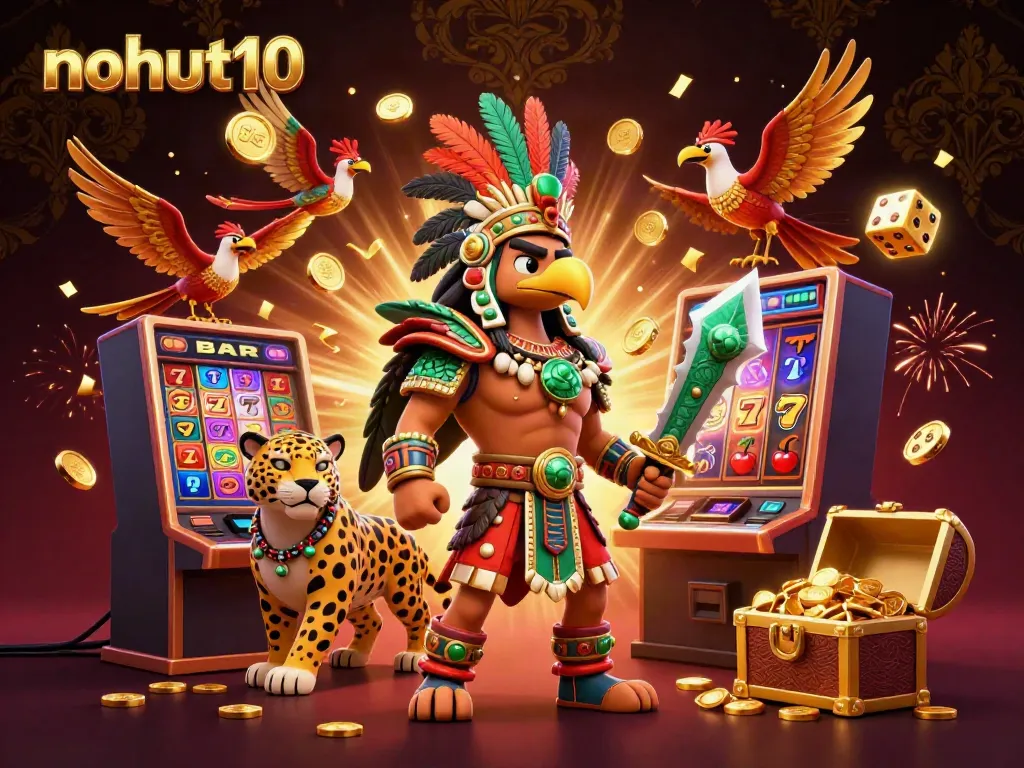 Spin to win big at nohut10 with vibrant 3D characters and jackpot rewards exploding around them.
