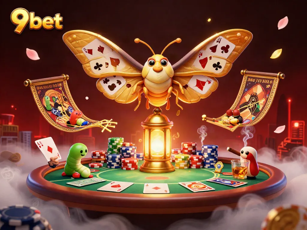 Experience thrilling casino scenes with the captivating 9bet illustration featuring a golden atlas moth.