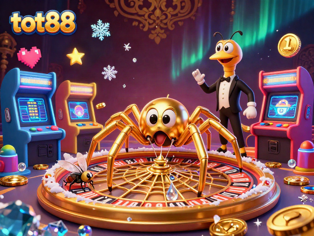 Experience thrilling bets at tot88 with a colorful 3D casino-themed illustration featuring dynamic game elements.