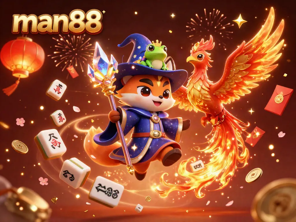 Engage with man88's thrilling casino experience through a mystical scene featuring a wizard fox, phoenix, and gaming elements.