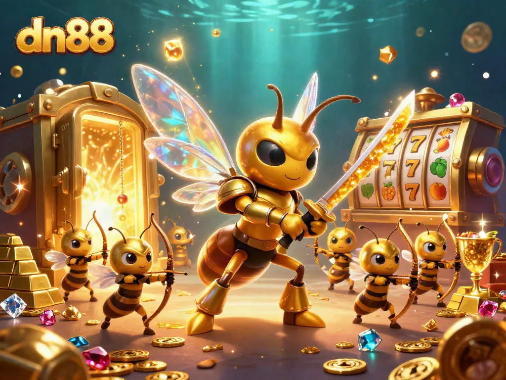 Win big with dn88 in this vibrant casino-themed 3D scene filled with treasures.