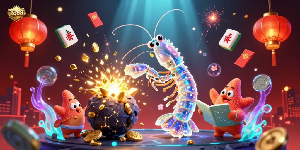 Tg88 galactic samurai mantis shrimp and starfish engaging in a colorful casino quest surrounded by thrilling gambling elements.
