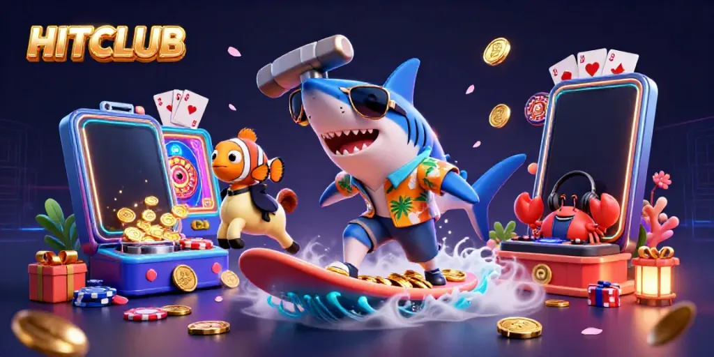 Experience the thrill of HITCLUB with a vibrant scene of characters and casino elements, showcasing fun gameplay.