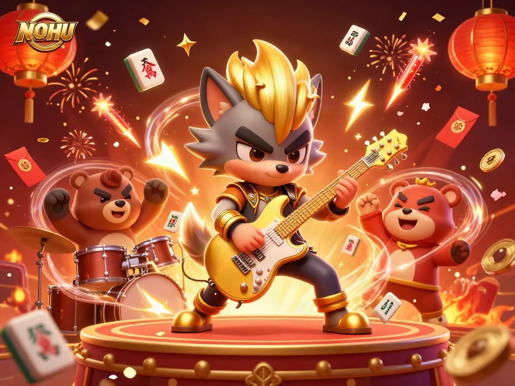 Engage with NOHU's dynamic casino scene featuring a guitar-playing wolf and festive decorations.