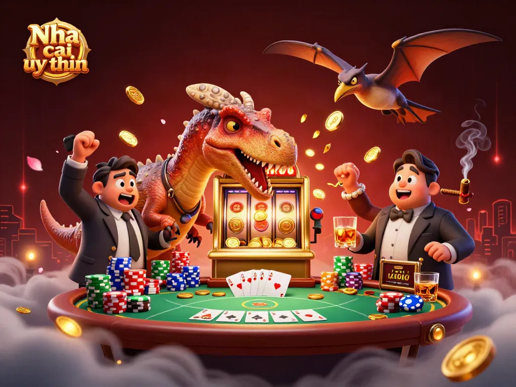 Nha cai uy tin offers a thrilling scene with cartoon dinosaurs winning slots, showcasing engaging casino excitement.