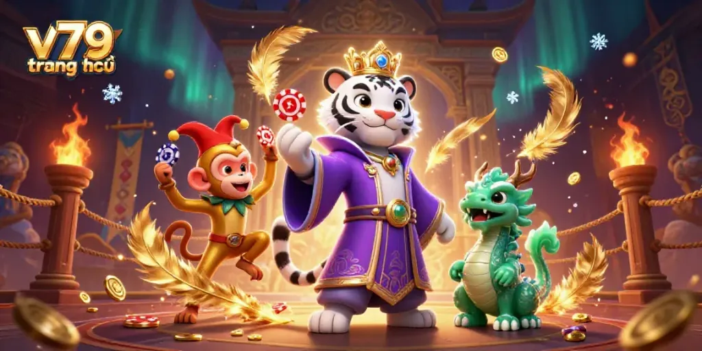 Engage with excitement at v79 trang chủ while ruled by a majestic tiger in a vibrant casino setting.