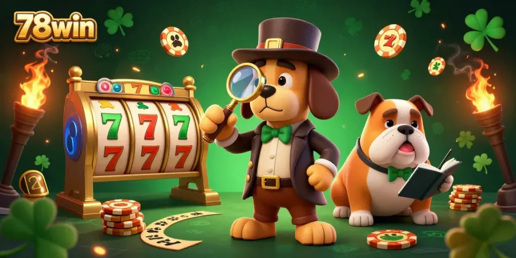 Join 78win for an exciting treasure hunt with cartoon characters examining poker chips and jackpot elements.