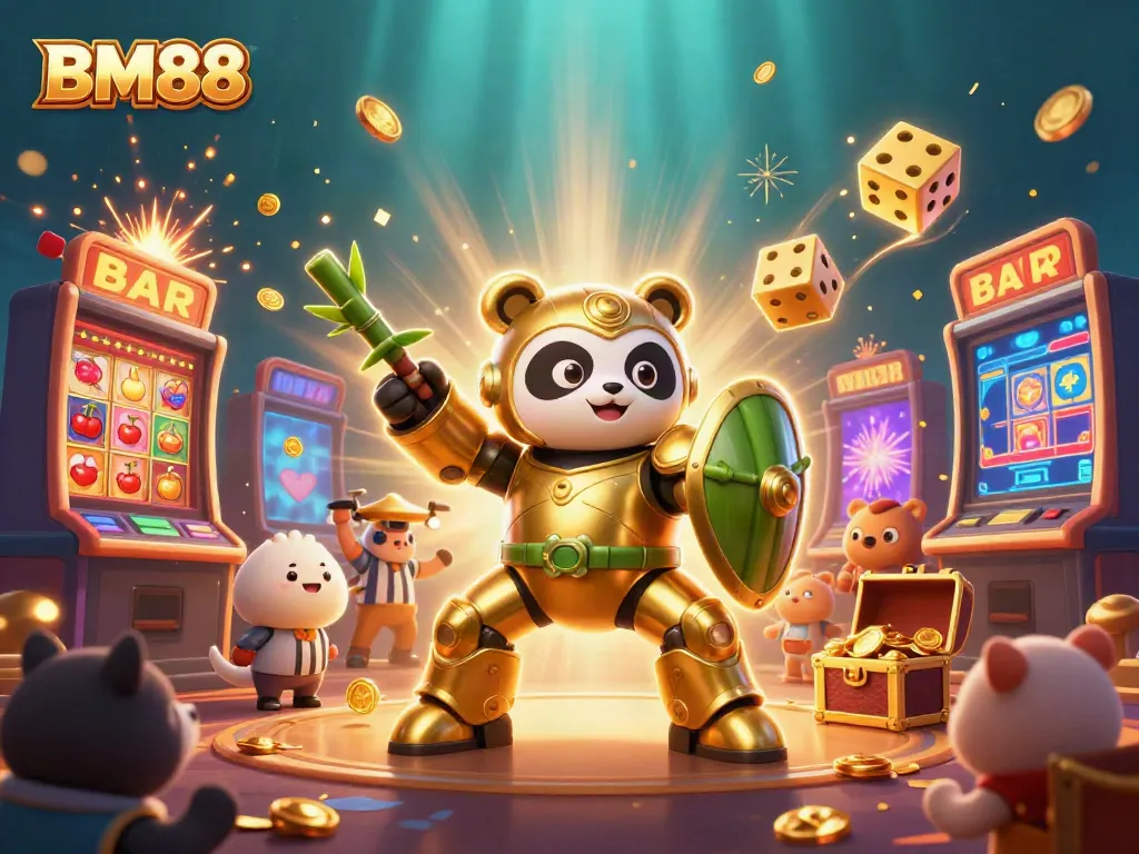 Experience the thrilling gameplay of BM88, featuring a golden panda mech battling in a vibrant casino arena