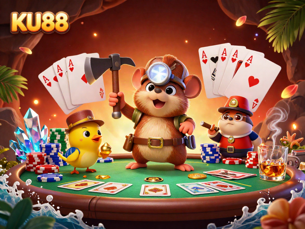 Join the treasure hunt at KU88 casino, featuring a mole, canary, and vibrant poker elements.
