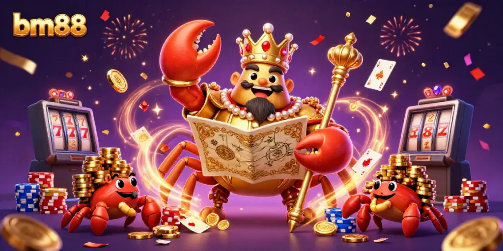 Experience thrilling gaming at bm88 with a vibrant scene featuring a regal crab emperor and dazzling casino elements.