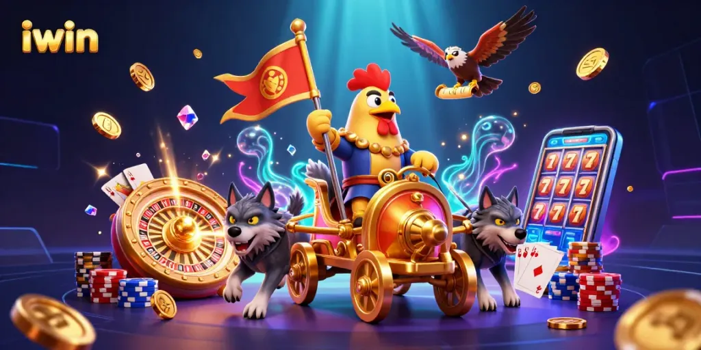 Play and win with iwin in a vibrant, dynamic casino scene filled with excitement.