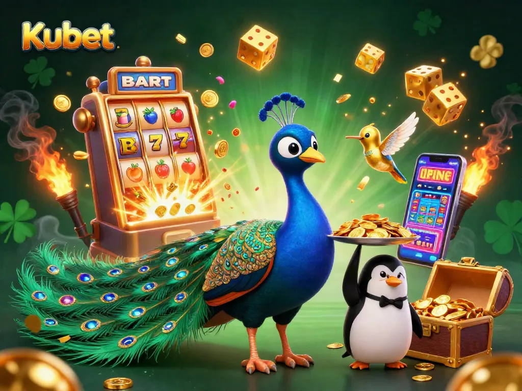 Experience Kubet's exciting casino action with vibrant slot machines, golden chips, and animated characters.