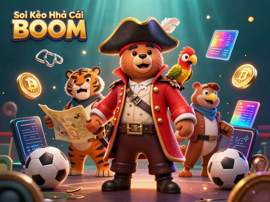 Engage with Soi Kèo Nhà Cái BOOM as a vibrant pirate bear and tiger depict sports betting excitement.