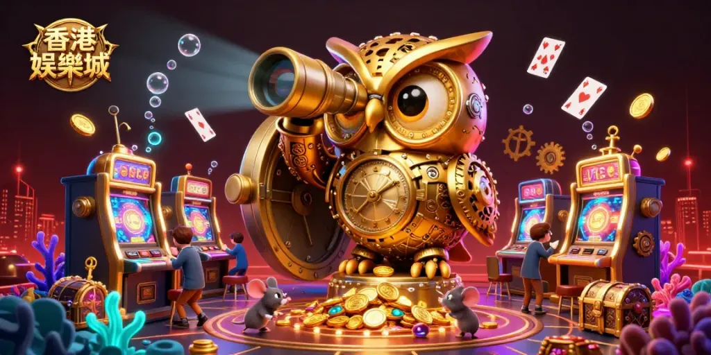 Engage in thrilling games at 香港娛樂城 with a dynamic 3D scene of a golden owl and lively casino atmosphere.
