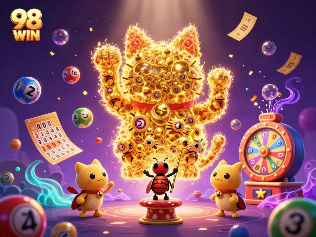 Experience big wins with 98 WIN in an exciting colorful casino illustration bursting with energy.