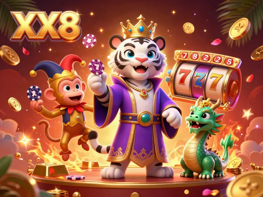 Engage in winning with XX8, featuring a cheerful monkey, a royal tiger, and vibrant casino elements.